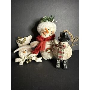 Country Snowman Christmas Ornaments Set (3) Hanging Holiday Decor Farmhouse